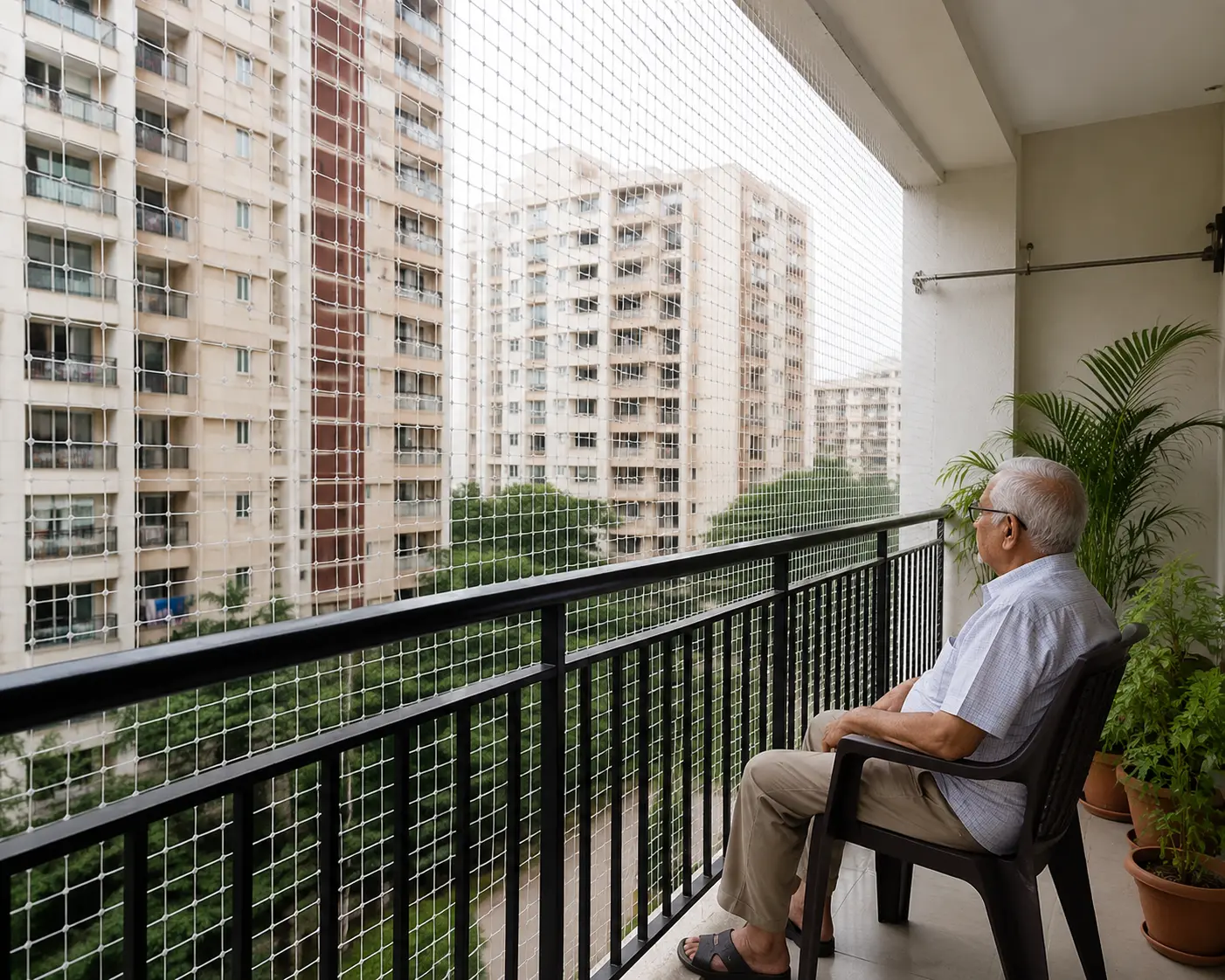 Elderly person safely standing on balcony with safety net
