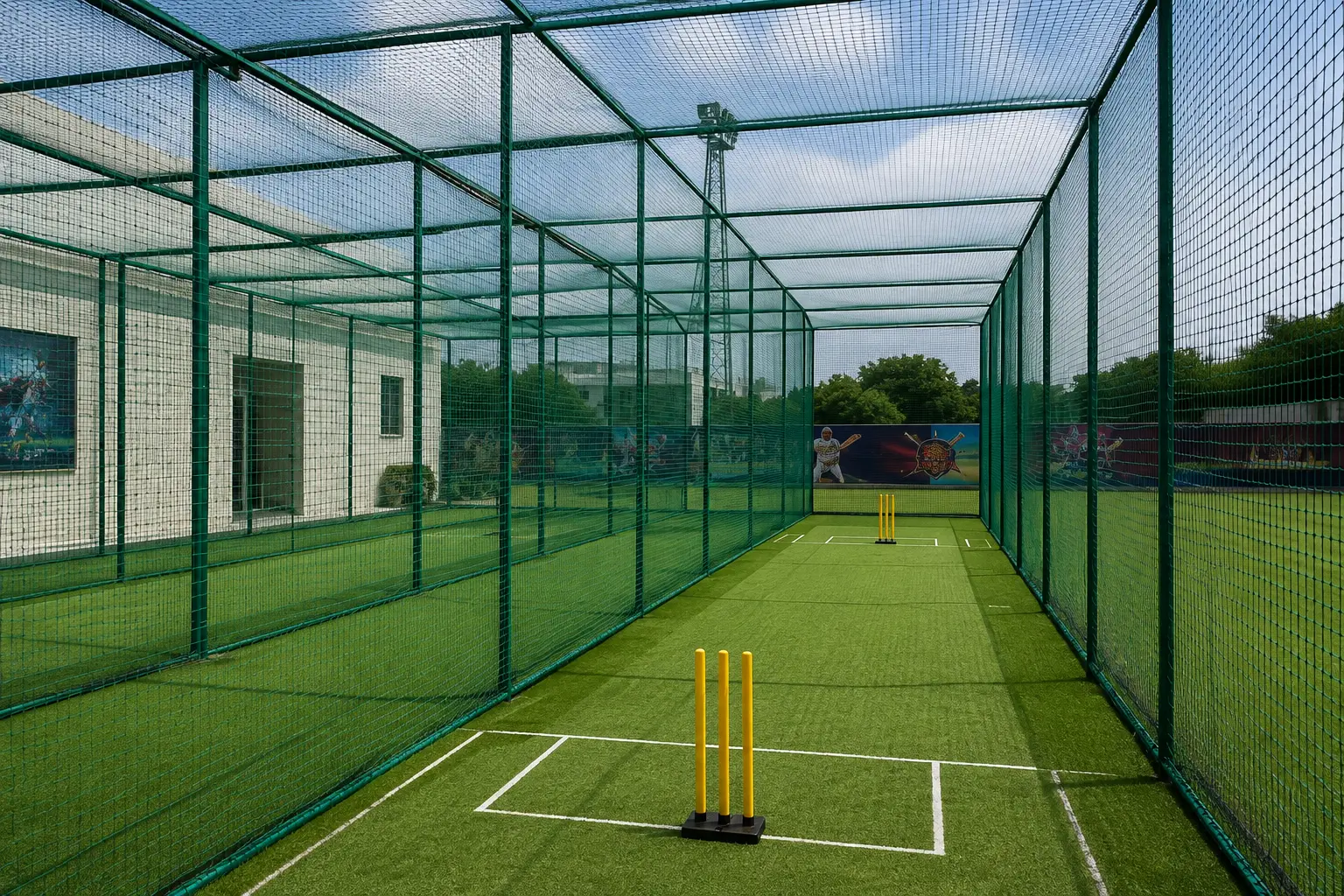 Green sports practice net on field